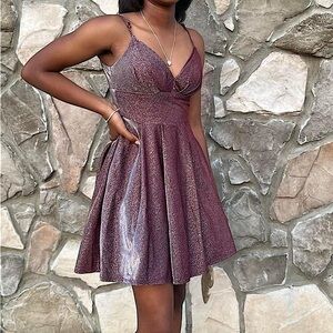 B. Darlin Spaghetti Strap V-Neck Banded Waist Glitter Party Dress